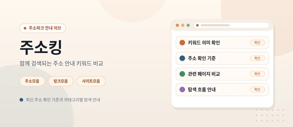 주소킹 등 비슷한 주소 안내 키워드를 비교해 정리하는 모습을 담은 이미지